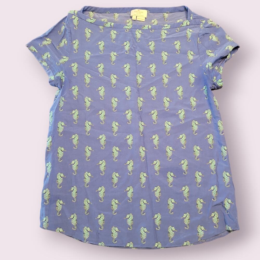 Kate Spade Shirt Blue Seahorse Silk Sleeveless Coastal Beachy Spring Summer Xs View 2